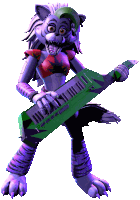 a cartoon character is holding a green and purple guitar