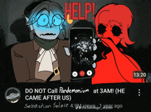 a cartoon of a man and a woman holding a cell phone with help written on the screen