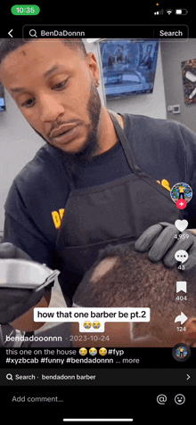 a barber is cutting a man 's hair on a tiktok video