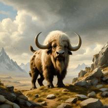 a painting of a bison standing on top of a rocky hill