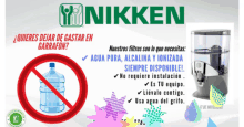 an advertisement for nikken shows a bottle of water and a water filter