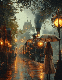 a woman holding an umbrella stands in front of a train