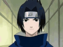 a close up of sasuke uchiha from naruto wearing a headband and a blue jacket .