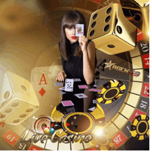 a woman holding a playing card in front of a roulette wheel with the words live casino on the bottom