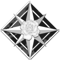 a black and white compass with a white flower in the center