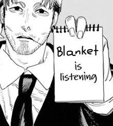 a man in a suit and tie holding a notepad that says blanket is listening