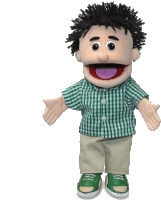 a puppet wearing a green plaid shirt and khaki shorts