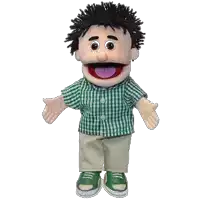 a puppet wearing a green plaid shirt and khaki shorts