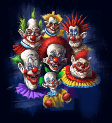 a painting of a group of clowns on a blue background