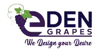 a logo for eden grapes shows a bunch of grapes on a vine
