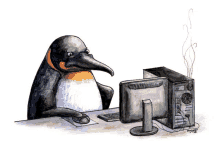 a drawing of a penguin sitting at a desk in front of a computer monitor