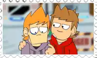 two cartoon characters are standing next to each other and one has a red hoodie on