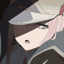 a close up of a girl wearing a hat and tie from darling in the franxx .