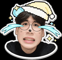 a sticker of a boy with glasses and a santa hat