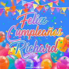 feliz cumpleanos richard with balloons and confetti on a blue background