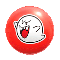 a red ball with a white ghost on it 's face