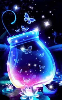 a jar with butterflies coming out of it and flowers in the background