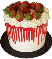 a red and white cake with strawberries and whipped cream on top