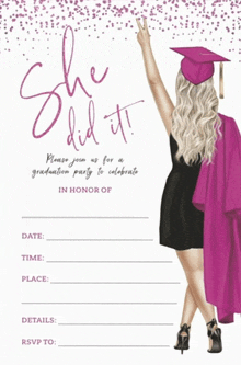 a graduation party invitation with a woman in a cap and gown