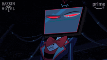 a poster for hazbin hotel shows a cartoon character with a monitor on his head