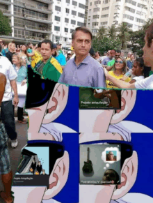 a man in a blue shirt stands in front of a crowd while a woman in a yellow shirt holds a guitar