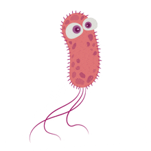 a cartoon illustration of a pink bacteria with purple eyes