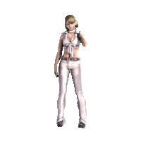 a woman in a white top and white pants with a belt that says ' i am a killer '