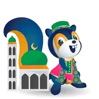 a cartoon squirrel is standing in front of a mosque with a green dome
