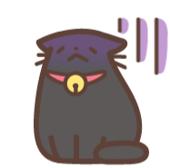 a cartoon drawing of a black cat wearing a purple hat and collar .