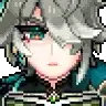 a pixel art drawing of a girl with gray hair and glasses .