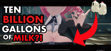 a girl with pink hair is pointing to two gallons of milk