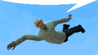 a man is flying through the air with a speech bubble above him that says gdd