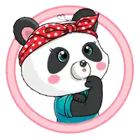a panda wearing a red polka dot headband and a blue shirt