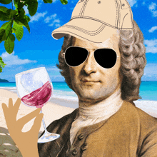 a man wearing sunglasses and a baseball cap holds a glass of red wine