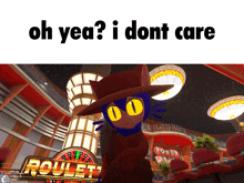 a cat in a red hat stands in front of a sign that says roulette