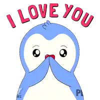 a blue penguin with a heart in its eye and the words i love you above it