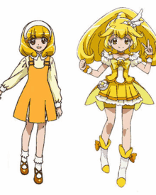 a cartoon girl in a yellow dress is standing next to a cartoon girl in a yellow dress .