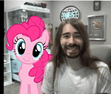 a man with a pink pony in front of him