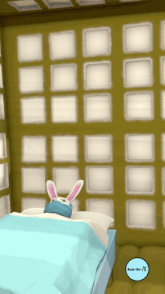 a bed with a blue blanket and a white bunny on it and a circle that says switch-on-x