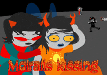 a cartoon drawing of two trolls with the words morails kissing