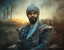 a man with a beard is wearing a turban and a blue vest