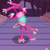 a pink cartoon character is doing a handstand on a purple floor