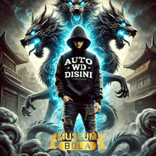 a man wearing a black hoodie that says auto wd disini stands in front of two dragons