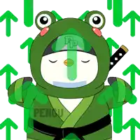 a penguin in a frog costume is surrounded by arrows and the word pengu