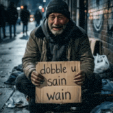 a man is holding a cardboard sign that says dobble sain wain