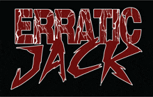 a red and white logo for erratic jack with a black background