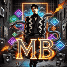 a man in a black suit is surrounded by speakers and a snake with the letters mb glowing in the background