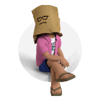 a cartoon character wearing a paper bag on his head with a sad face drawn on it