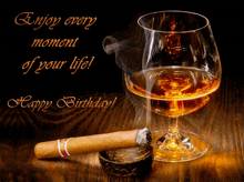 a birthday card with a cigar and a glass of cognac