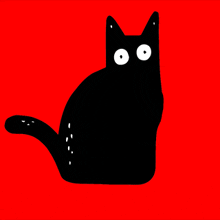 a black cat with big white eyes is sitting on a red background